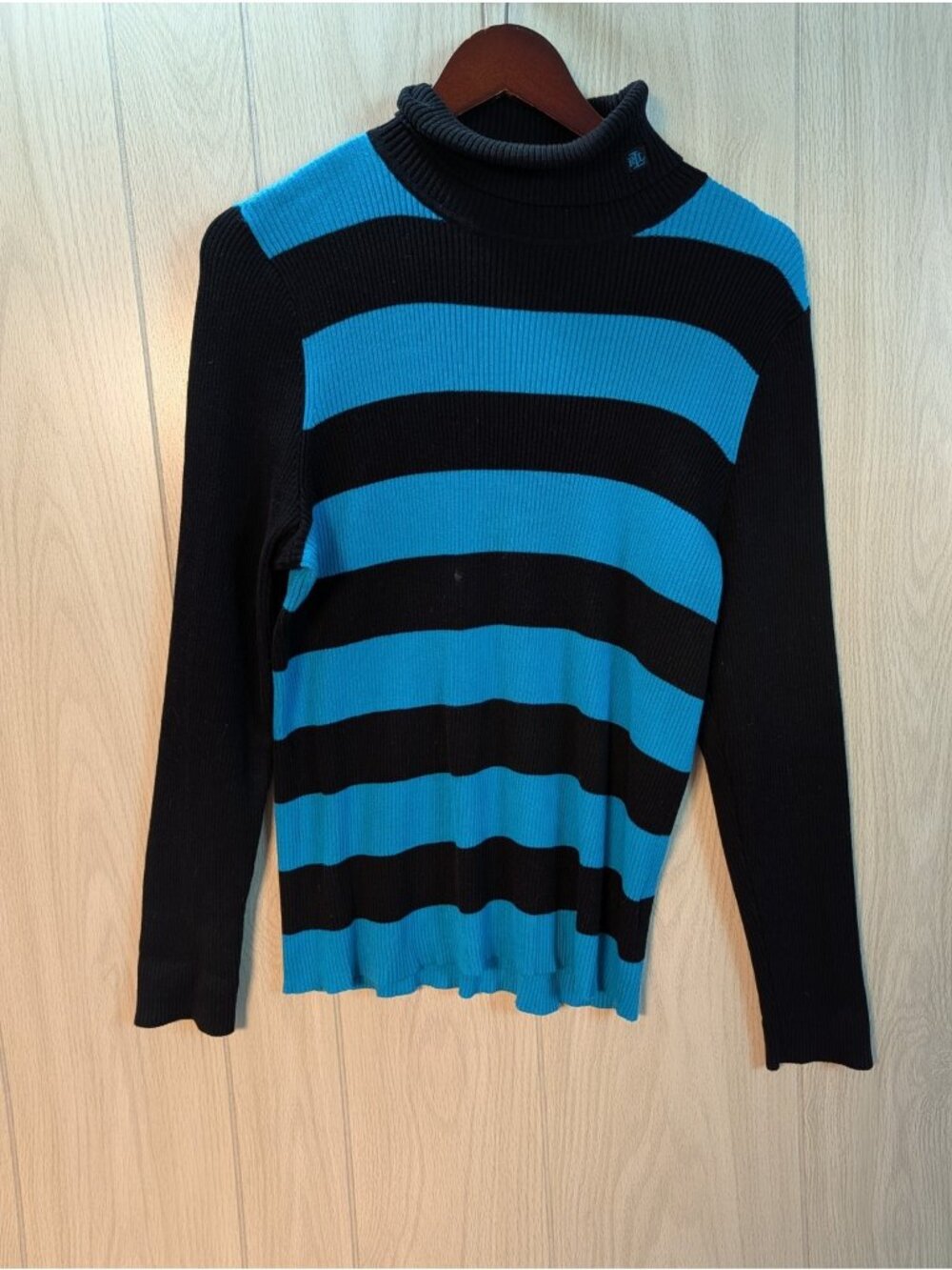 Med Lauren Ralph Lauren Black & Blue Striped Ribbed Turtleneck Sweater XL